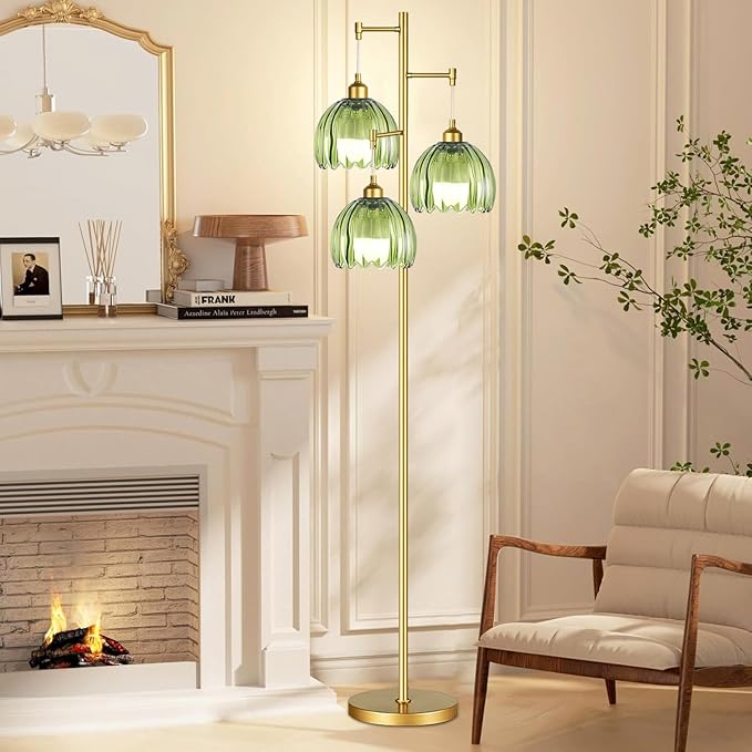 Gold Floor Lamps for Living Room Bedroom-3 Light Green Glass Floor Lamp with Three Led Bulb, Rustic Tall Floor Lamp Gold Standing Lamp Tree Floor Lamps for Living Room Bedroom,Office,Corner