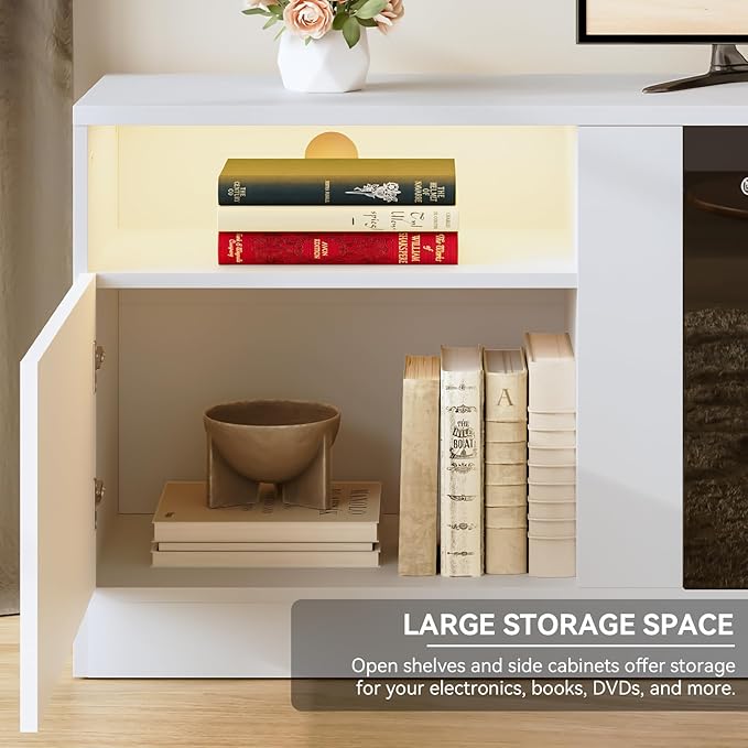 oneinmil 80” TV Stand with 36” Electric Fireplace, Large Modern Media Entertainment Center with Storage Cabinet and 12 Colors LED Lights for TVs Up to 90", White TV Stand and Black Fireplace