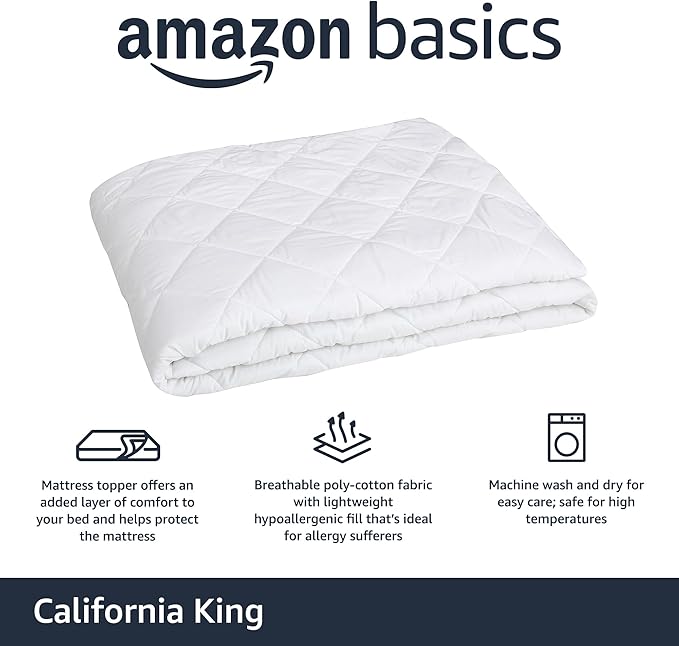 Amazon Basics Hypoallergenic Quilted Mattress Topper Pad, 18 Inches Deep, California King, White