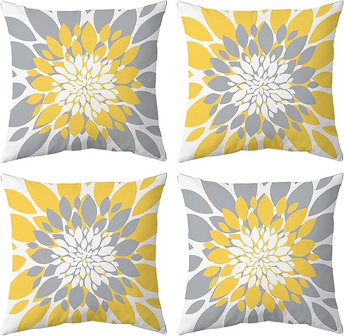 Qahing Pack of 4 Fall Outdoor Waterproof Pillow Covers 18x18 Decorative Outdoor Throw Pillows Garden Square Cushion Cases for Patio Furniture, Couch, Tent Sunbrella, Bench, Mustard Yellow Grey