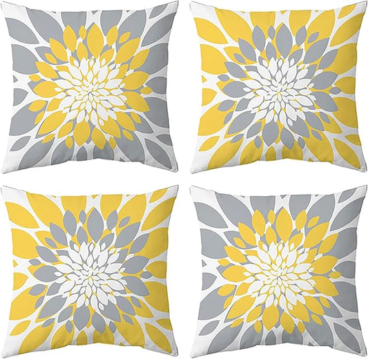 Qahing Pack of 4 Fall Outdoor Waterproof Pillow Covers 18x18 Decorative Outdoor Throw Pillows Garden Square Cushion Cases for Patio Furniture, Couch, Tent Sunbrella, Bench, Mustard Yellow Grey