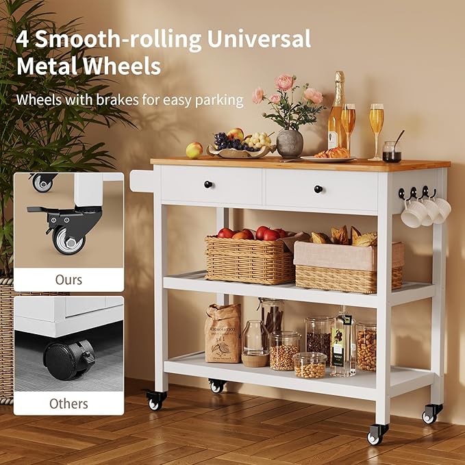 Gizoon Kitchen Island Cart on Wheels with 40'' Wood Tabletop, 2 Open Tiers Spacious Storage Shelves and Towel Rack, Rolling Utility Cart with 3 Side Hooks and 2 Drawer for Dining Room, Bar, White