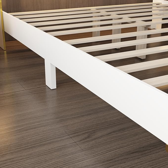 WOODTIME Queen Size Platform Bed Frame with Upholstered Heaboard, Modern Solid Wood Slat Support, Metal Legs, No Box Spring Needed, Easy Assembly, White