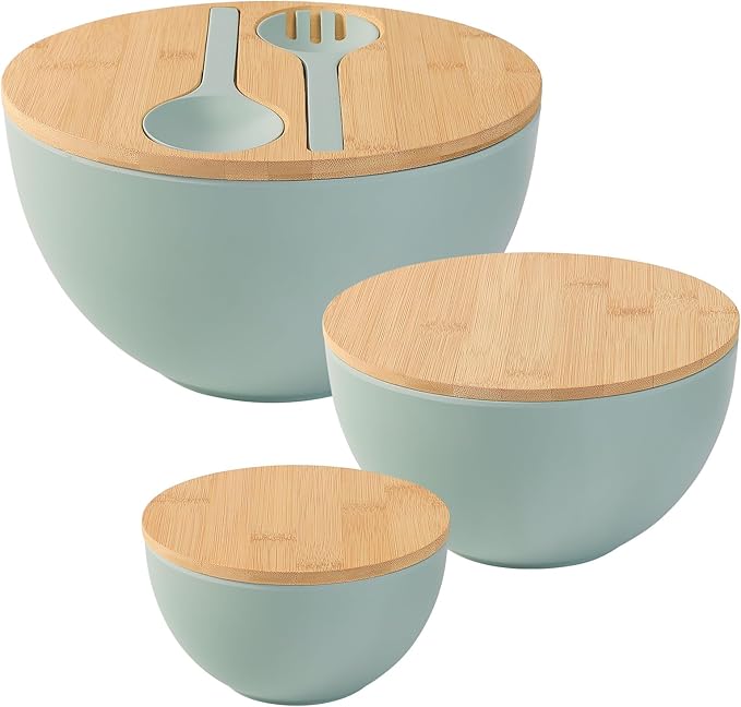 Salad Bowls Set of 3 with Lid & Serving Utensils, Bamboo Fiber Mixing Bowls Set Large Serving Bowls & Storage Set with Bamboo Lid for Salad, Kitchen Eating, Pasta, Popcorn, Chips, Fruit, Cyan