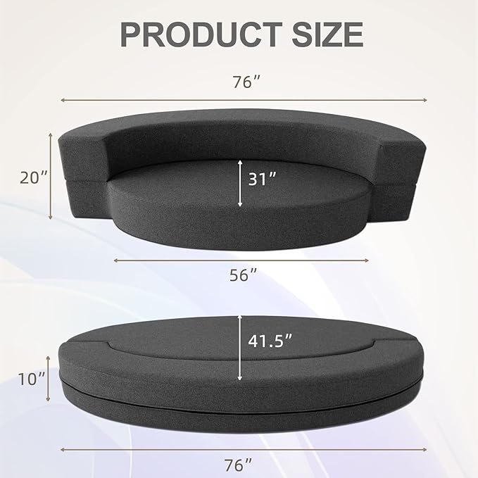 Modern Folding Sofa Bed Couch Memory Foam with 2 Pillows Sleeper Sofa futon Couch for Bedroom Living Room Guests, Washable Set, Stylish Oval 76''L × 41.5''D × 10''H,Dark Gray