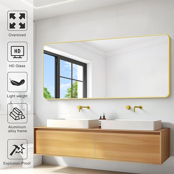 30"x60" Gold Bathroom Mirror, Large Rectangle Mirror, Rectangular Wall Mirror, Rounded Corner Vanity Mirror with Aluminum Metal Frame for Bathroom Bedroom Living Room