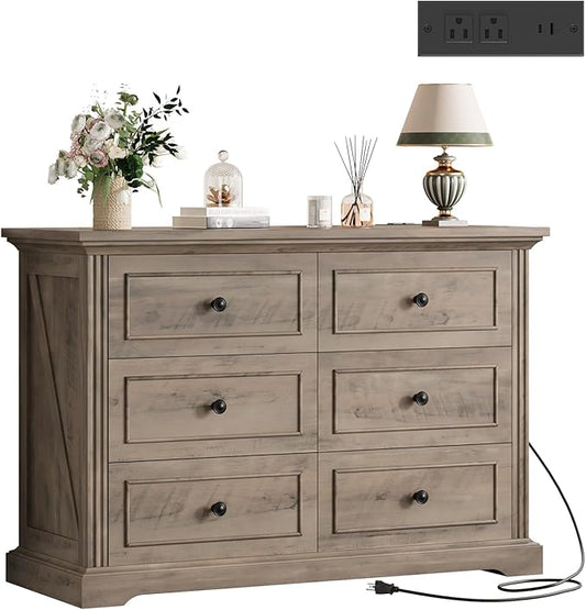 QUW Farmhouse 6 Drawer Dresser for Bedroom, 47" Wide Wood Chest of Drawers with Charging Station, Metal Handle, Modern Closet Clothes Storage Organizer for Living Room, Hallway, Entryway, Grey