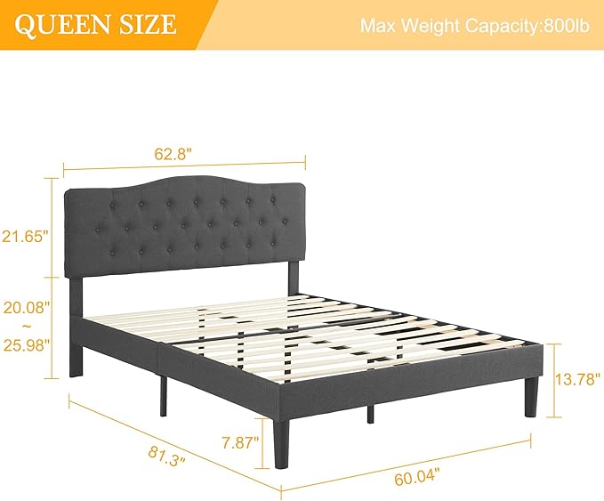 VECELO Queen Size Platform Bed Frame with Fabric Upholstered Headboard and Wooden Slats Support, No Box Spring Needed/Easy Assembly,Grey