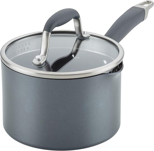 Anolon Advanced Home Hard Anodized Nonstick Sauce Pan/Saucepan with Straining and Lid, 2 Quart (2 Qt Straining Saucepan, Moonstone)