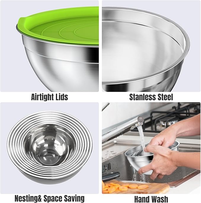 Mixing Bowls with Lids Set, 7 PCS Stainless Steel Mixing Bowls with 3 Grater Attachments, Size 4.5, 4, 3.5, 2.1, 1.5, 1.1, 0.7QT, Ideal for Kitchen Cooking Baking & Serving