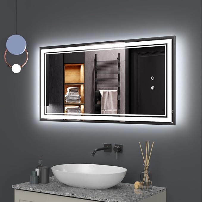 36" x 18" LED Bathroom Mirror with Lights Framed LED Mirror for Bathroom Backlit and Front Lighted Bathroom Mirror Black Square Aluminum Frame Anti-Fog Dimmable Adjustable Shatter-Proof