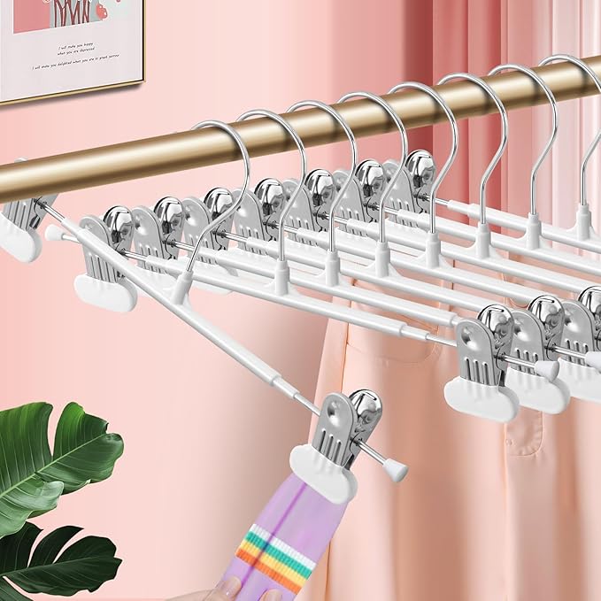 Clothes Pants Hangers with Wide Clips 10 Pack,Non-Slip Adjustable Skirt Hanger for Women,Space-Saving Heavy Duty Men Hangers for Pants,Trousers,Jeans,Shorts 12Inch White
