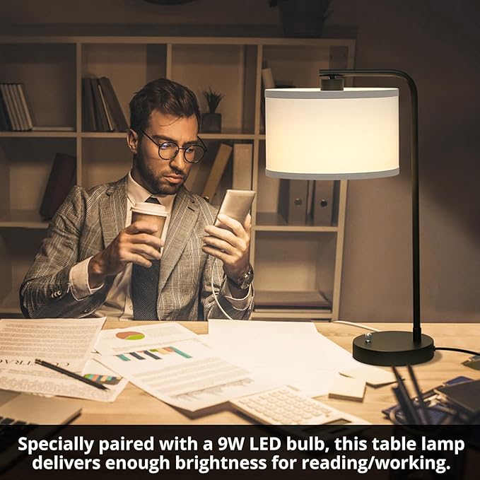 Table Lamp for Bedroom with USB C+A Ports, Fully Stepless Dimmable Farmhouse Bedside Lamp Nightstand Light, Tall Reading Desk Lamp for Living Room, Office, 9W LED Bulb Included
