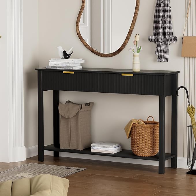 Console Table with 2 Fluted Drawers,Entryway Table with Open Storage Shelf, 47.2" Wood Sofa Table for Living Room and Hallway Brown
