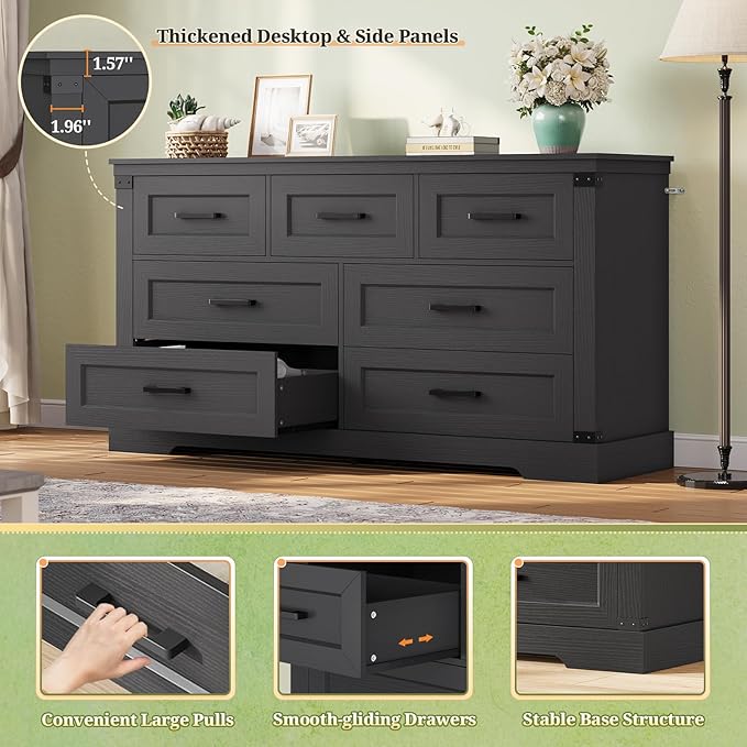Hasuit Black Dresser for Bedroom, Wooden 55.1" Long Dressers Chest of Drawer, Farmhouse 7 Drawer Dresser with Thick Styling, Large Capacity Storage Cabinet Organizer, Wide Dressers for Bedroom Hallway
