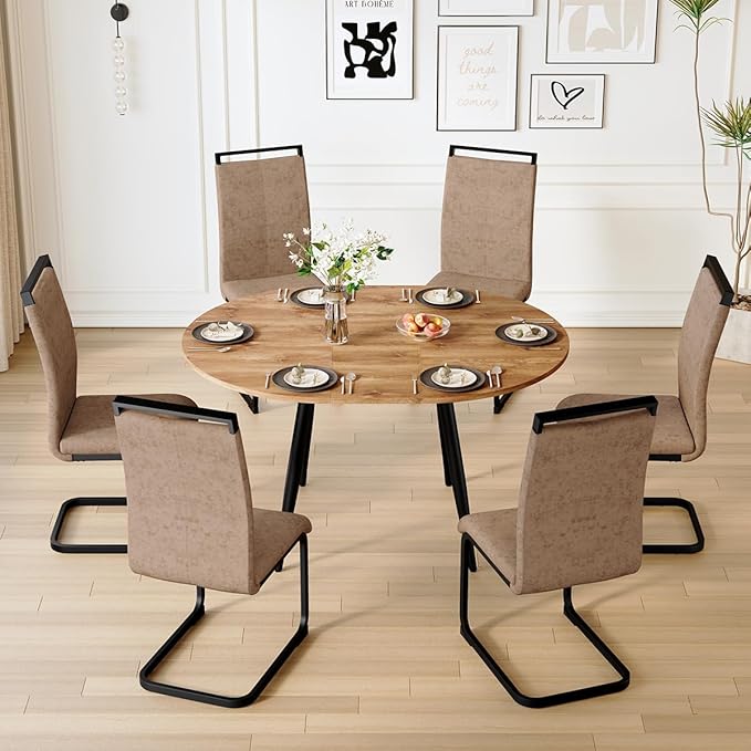 42"-54" Extendable Dining Table Set for 6, Oval Dining Table Set for 6, 0.73" Thick Wood Tabletop with Smooth Edge, Black Metal Leg with Non-Slip Footmat, 6 Soft PU Chairs, for Kitchen, Small Space