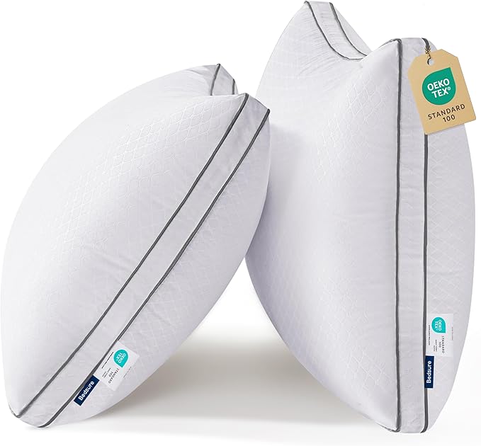 Bedsure Standard Pillows Set of 2 - Fluffy Bed Pillows for Sleeping, Hotel Quality, Diamond Quilted Design, Gusseted Supportive Down Alternative Filling for Back, Stomach, Side Sleepers