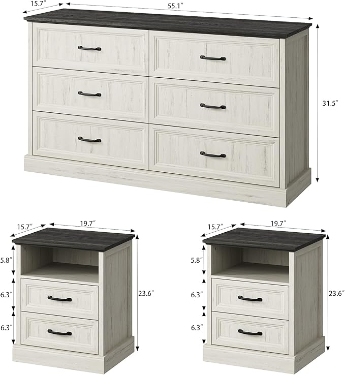 CARPETNAL Farmhouse Dresser and Nightstand Sets for Bedroom, 3 Pcs Bedroom Set, 6 Drawer Dresser & Nightstand Set of 2, Modern Wood Chest of Drawers for Bedroom, Living Room, Entryway, White