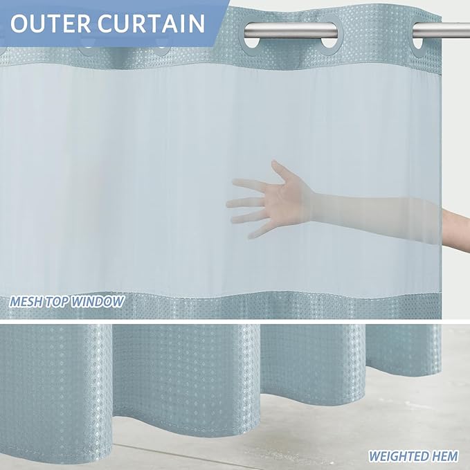 Extra Long Waterproof Bath Curtain 71x84 Fabric,Cloth Shower Liner with 12 Snap Buttons, Magnetic Hem with Fog Blue Waffle Weave Texture,No Hook Hotel Grade Machine Washable Curtain,Top Sheer Window.