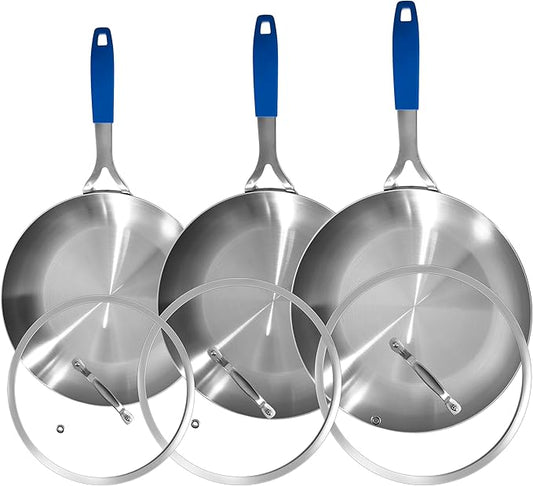 Inqibee 8.5-10-12 Inch Tri-Ply Stainless Steel Frying Pan Set with Lids,Skillets,Induction Cooking Pans,Pots and Pans Set,Dishwasher and Oven Safe,Detachable Handle