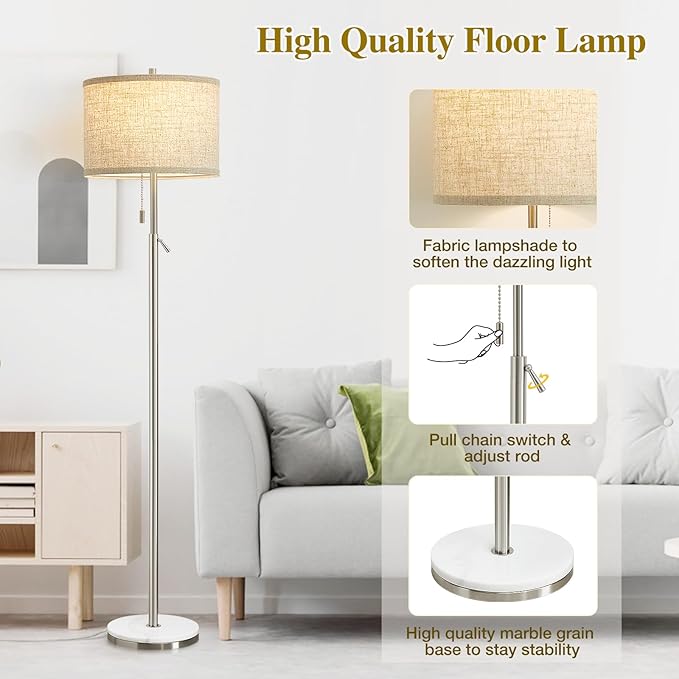 GyroVu Marble Floor Lamp, Adjustable Height Standing Lamp with Marble Base Tall Lamp with Pull Chain Switch Floor Lamps for Living Room, Bedroom & Office Bulbs Not Included(Silver)