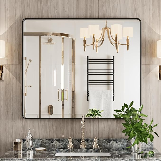 Black Bathroom Mirror 30X36 Inch, Black Metal Framed Mirror for Wall, Rounded Rectangle Matte Bathroom Vanity Mirror with Tempered Glass, Anti-Rust, Horizontal/Vertical