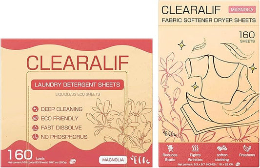 CLEARALIF All in One Laundry Detergent Sheets Kit, Magnolia Scent, 160 Loads Laundry Sheets + 160 Drying Sheets, Laundry Set Great for Travel, Softener Sheets Eco Package Friendly & Hypoallergenic