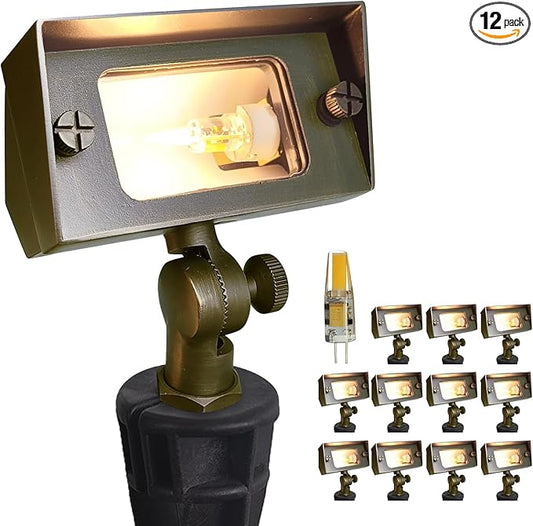 COLOER Brass Small Rectangular Flood Lights Outdoor 12 Pack with 2W 2700K Warm White LED G4 Bulb, 12V Low Voltage Landscape Outside Lights for House Illuminating Signs, Walls and Plant Material