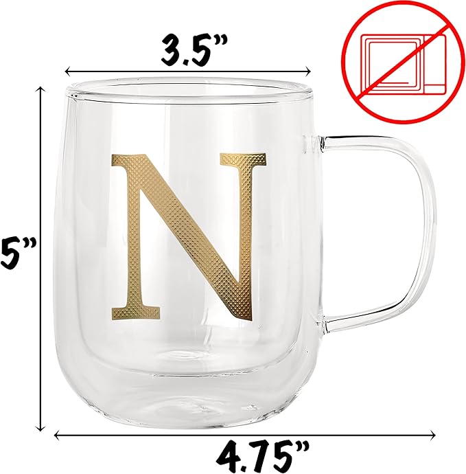COLLECTIVE HOME - Double Walled Glass Coffee Mugs, Insulated Coffee Mug with Handle, Personalized Gifts for Women, Men, Christmas, 14 oz Monogram Cups (N)