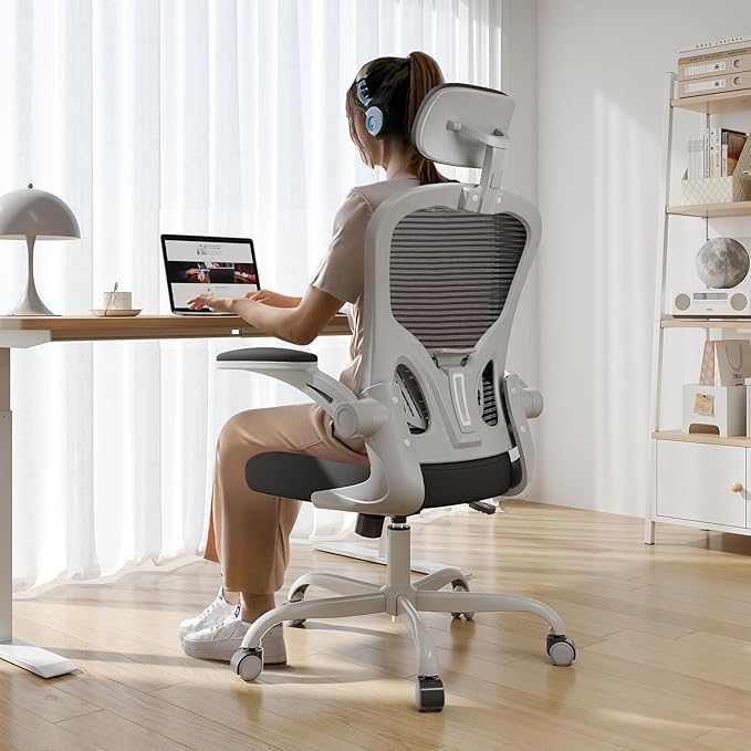 Office Chair Ergonomic Desk Chair, 330LBS Capacity, High Back Computer Chair for Long Hours Comfortable, Rolling Swivel Chair for Home Office, Flip-up Armrests（Grey Black）