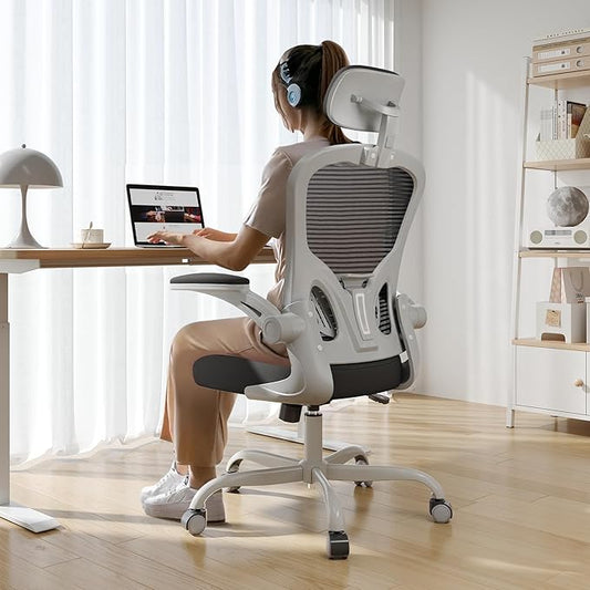 Office Chair Ergonomic Desk Chair, 330LBS Capacity, High Back Computer Chair for Long Hours Comfortable, Rolling Swivel Chair for Home Office, Flip-up Armrests（Grey Black）