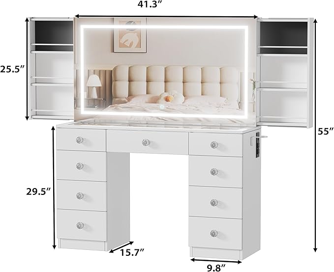Makeup Vanity Desk with Large Mirror and Lights,White Vanity Table with Glass Top,9 Drawers,3 Color Modes,Sliding 2 Wall Mounted Jewelry Storage Racks,Suitable for Bedroom Ladies and Girls