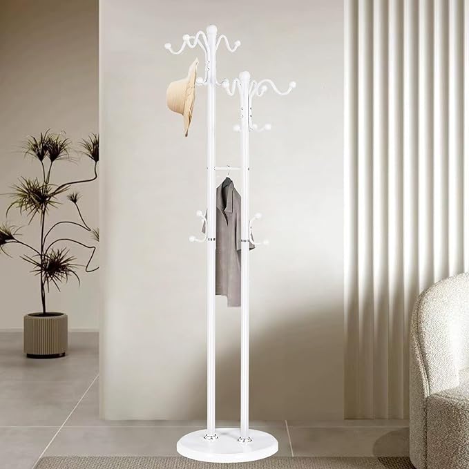 Metal Coat Rack with 17 Hooks, Double-pole Freestanding Coat Racks, Modern Coat Rack Stand and White Standing Coat Tree Holder Stand for Entryway