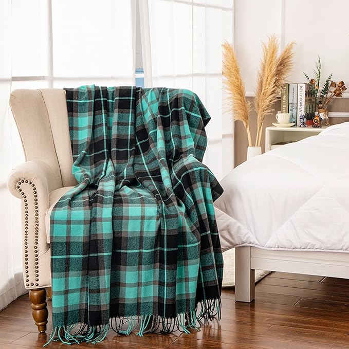 Gealaek Decorative Faux Cashmere Throw Blanket with Fringe Green and Black Plaid Lightweight Fuzzy Soft Cozy Throws for Sofa Bed Farmhouse Throw Blanket 50" x 60"