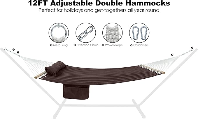 2 Person 12FT Hammocks for Outside, Double Quilted Fabric Outdoor Hammock with Spreader Bar, Large Removable Pillow, Storage Pockets, Carabiners, Max 475 lbs Capacity (Coffee)