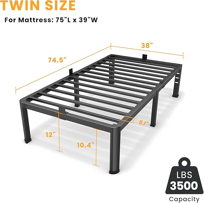 12 Inch Twin Bed Frame, Metal Platform Bed Frame with Round Corner Legs, 3500 lbs Heavy Duty Steel Slats Support, No Box Spring Needed, Noise Free, Easy Assembly, Black
