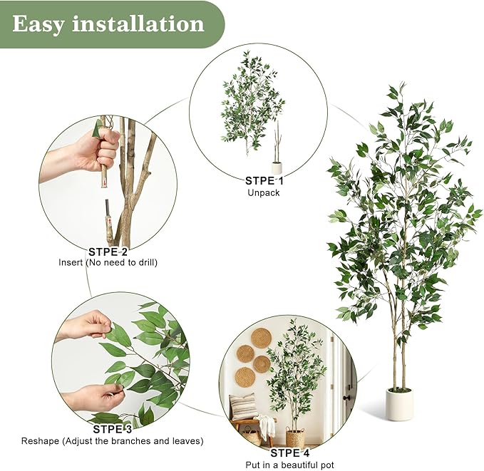 7FT Ficus Trees Artificial Indoor, Faux Silk Plant with Natural Wood Trunk and Lifelike Fruits, Black Imitation Ceramic Planter with Green Fake Moss for Modern Home Office Living Room Decor