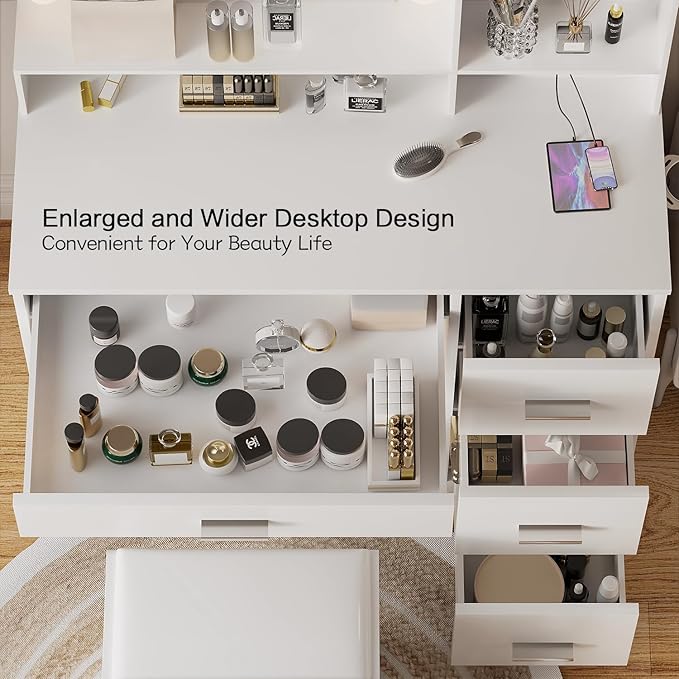 YESHOMY Vanity Desk with Mirror, Power Outlet and 10 Lights, Makeup Table with 4 Drawers, 3 Color Modes Available for Bedroom, White, 39.3x17.7x58.8 inch