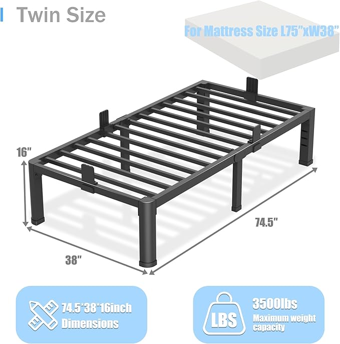 16 inch Twin Bed Frame with Rounded Corner Legs and Headboard Hole Mattress Slide Stopper 3500 LBS Heavy Duty Support Metal Platform,No Box Spring Needed, Noise Free, Easy Assembly