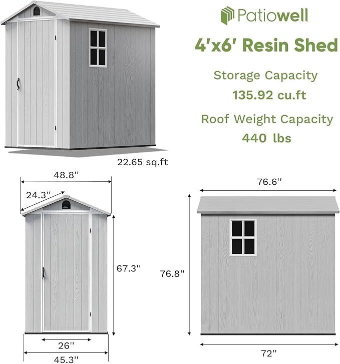 Patiowell 4' x 6' Outdoor Storage Shed with Floor, Plastic Shed Outside Resin Tool Shed with Window and Lockable Door for Backyard Garden Patio Lawn, White (Fit-it Shed)