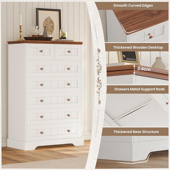 Hasuit White Dresser for Bedroom, Farmhouse 7 Drawers Dresser, 51.4"Tall Dressers Chest of Drawers with Hand Carved Panel, Large Wood Closet Storage Organizers Dressers for Bedroom Living Room Hallway