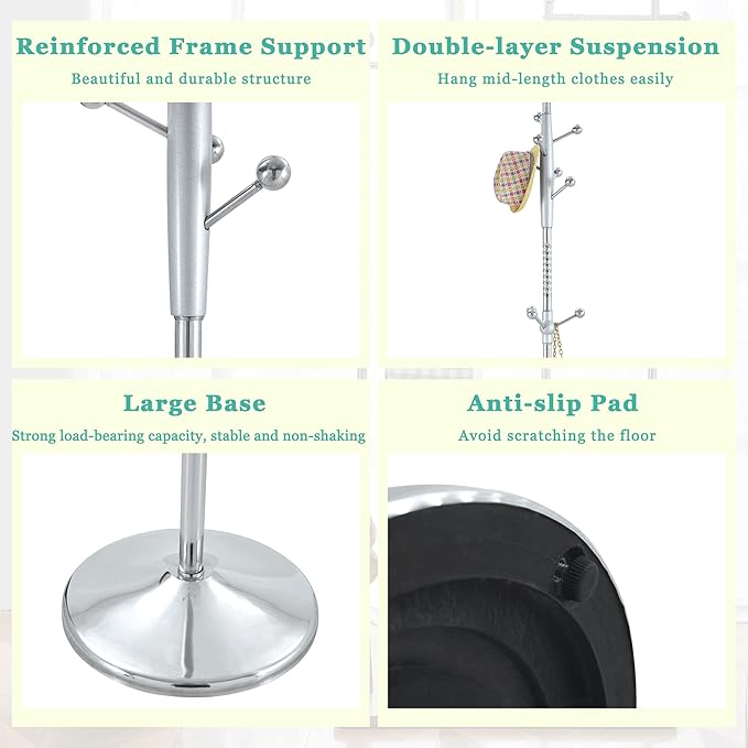 Solid Wood Coat Rack Freestanding, 77" Adjustable Hall Tree Hanger With Hooks, Coat Hanger Stand for Hanging Clothes Bags Hats in Living Room Bedroom