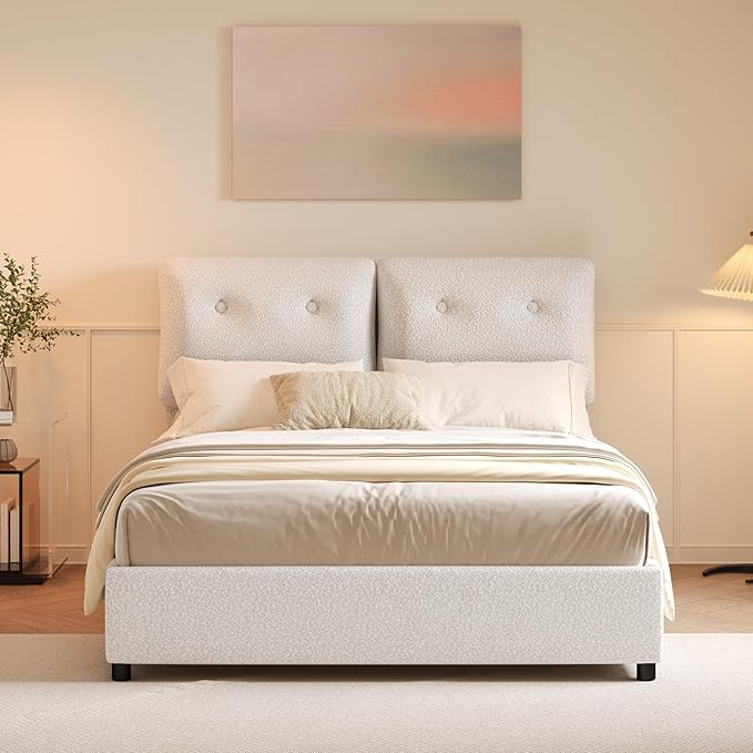 Queen Bed Frames,Breathable Boucle Fabric Upholstered Bed Frame with Headboard,Removable and Washable,Wood Slat Support,No Box Spring Needed,Easy Assembly,White