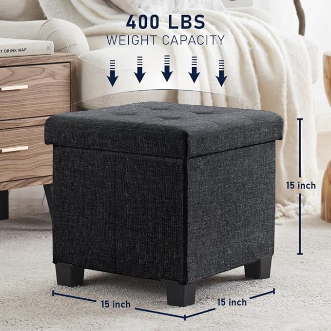Ornavo Home 15 Inch Folding Storage Ottoman with Storage, Square Cube Linen Small Storage Ottoman Foot Rest Stool with Legs - Black