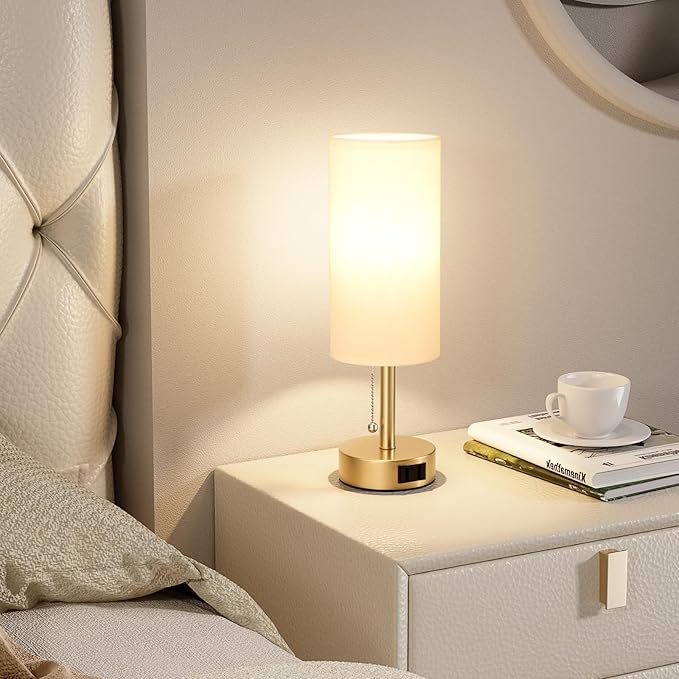 Gold Bedside Table Lamps Set of 2-3 Color Temperatures Pull Chain Lamp with AC Outlet Charging Port, Two Round Night Stand Lamps for Bedroom Office Living Room