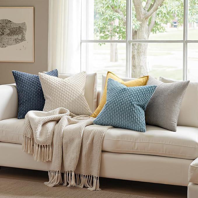 MIULEE Throw Pillow Covers Soft Corduroy Decorative Set of 2 Boho Striped Pillow Covers Pillowcases Farmhouse Home Decor for Spring Couch Bed Sofa Living Room 16x16 Inch Cream White