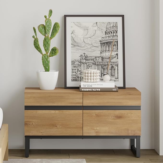 WAMPAT Modern TV Stand for TVs up to 50 inch, TV Entertainment Center Console Table with Storage Cabinet, Wood Media Console for Living Room,Oak