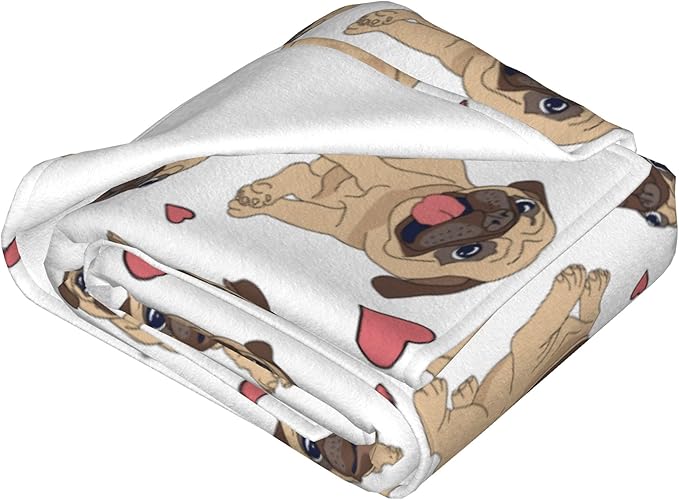 Flannel Fleece Throw Blanket, Fun Cartoon Pug Lightweight Throw Blanket, Travel Blanket Cozy Plush Warm Blankets for Bedroom Living Rooms Sofa Beds Office 80x60 Inch