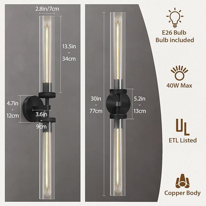 Modern 2-Light Black 30in Knurled Wall Sconces, Double Glass Sconces Wall Lighting, Bathroom Vanity Light Sconces, Wall Lights for Living Room Bedroom Hallway Kitchen Bathroom Mirror Includes bulbs