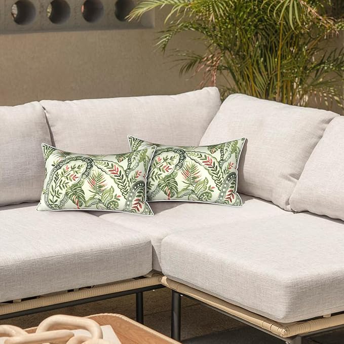 LVTXIII Set of 2 Outdoor Lumbar Pillows for Patio Furniture with White Piping, 12"x20" Fade Resistant Patio Lumbar Pillows with Inserts for Home Coach Sofa Use, Faylinn Shadow Paisley